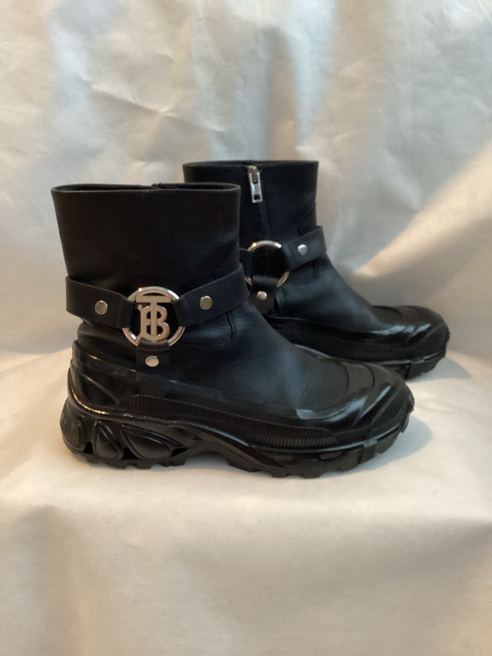 Burberry Black Leather/Rubber Buckled Ankle Boots, Size 38